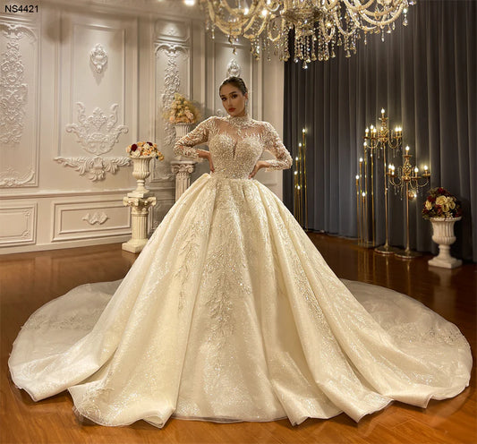 High Collar High Quality Affordable luxury Long Sleeves Sexy Sweetheart Neckline Ball Gown  Pearl Beaded Wedding Dress