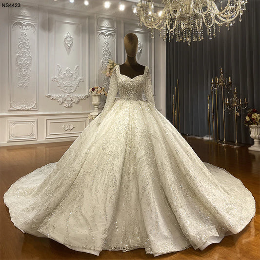 AM1246 Affordable luxury Long Sleeve Ball Gown  Pearl Beaded Wedding Dress