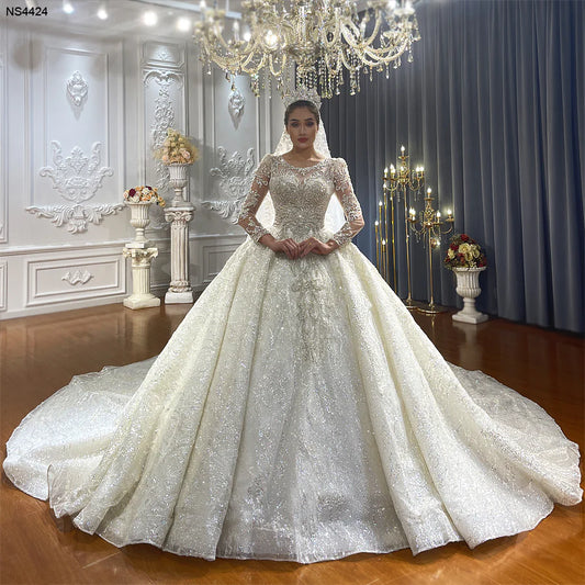 Elegant Stunning Glitter Sparkle Ball Gown Long Sleeve Wedding Dress robe de marie vestido de novia Dubai Wedding Dress Plus Size Wedding Dress