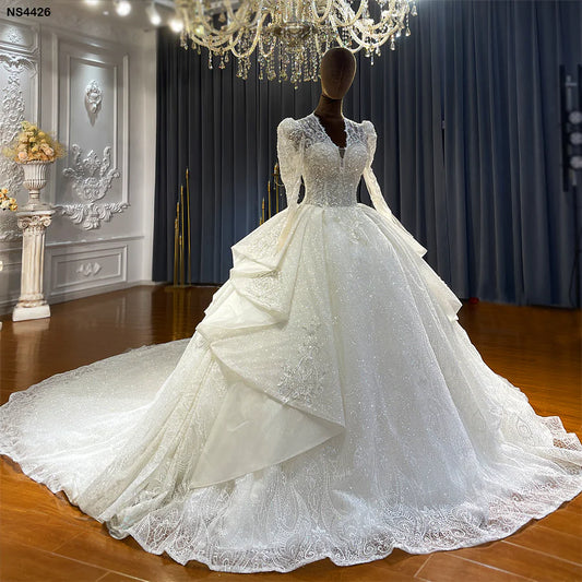 Affordable Luxury Long Sleeve Ball Gown Wedding Dress Low V neckline Low Back Lace Glitter Wedding Dress vestido de novia robe de marie plus size wedding dress