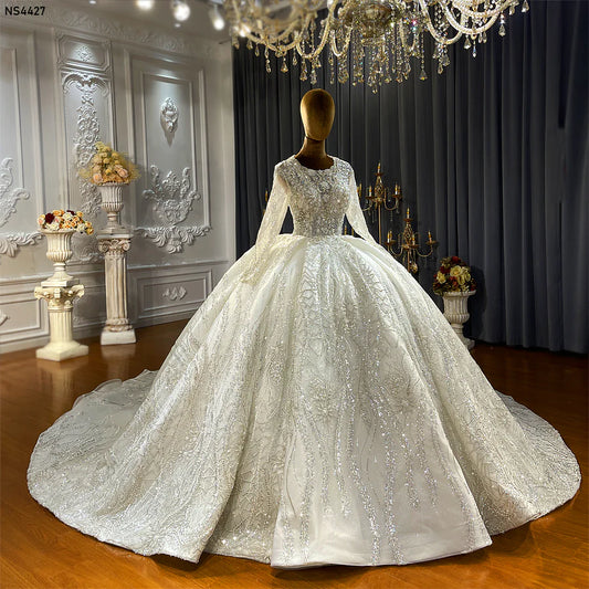 High Quality Affordable luxury Long Sleeves Sexy O-Neck Ball Gown  Beaded Wedding Dress Vestido De Novia Sparkle Glitter Wedding Dress
