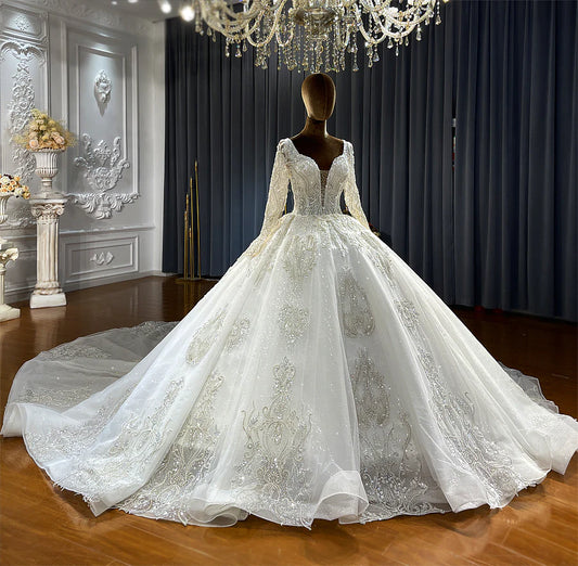 High Quality Affordable luxury Long Sleeves Sexy Neckline Ball Gown  Beaded Wedding Dress vestido de novia robe de marie