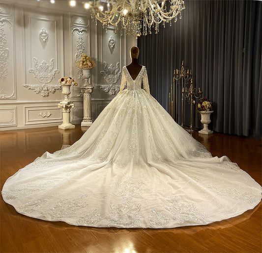 High Quality Affordable luxury Long Sleeves Sexy Neckline Ball Gown  Beaded Wedding Dress vestido de novia robe de marie