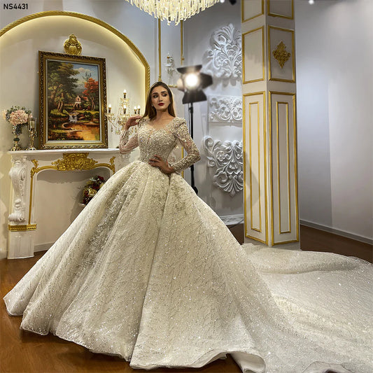 Heavily Glitter Beaded wedding dress long sleeve ball gown for brides vestido de novia robe de marie plus size wedding dress