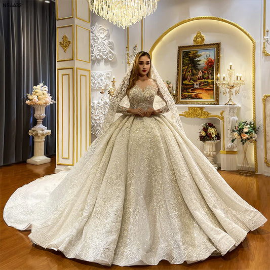 Long Sleeve Champagne Wedding Dress Luxury Heavy Beading Wedding dress Vestido de novia robe de marie