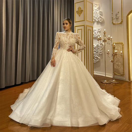Long Sleeve Luxury High Neck Ball Gown Wedding Dress for brides affordable luxury wedding dress vestido de novia robe de marie