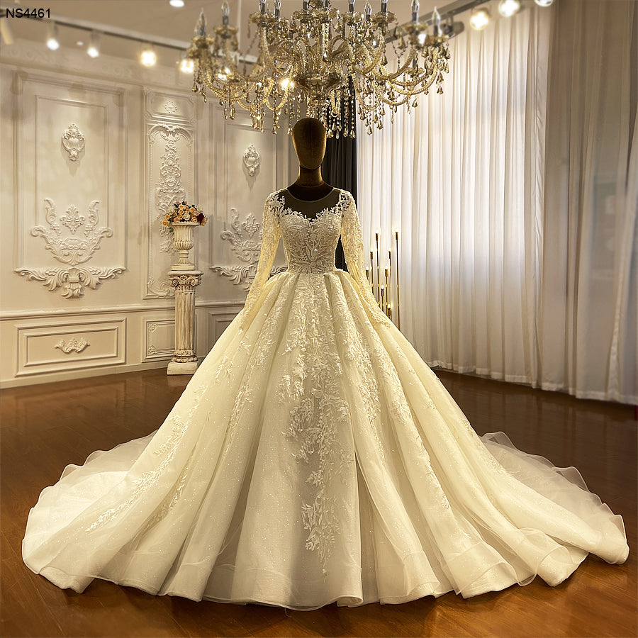NS4461 Full Sleeve Lace Appliqued Customized Luxury Wedding Dress