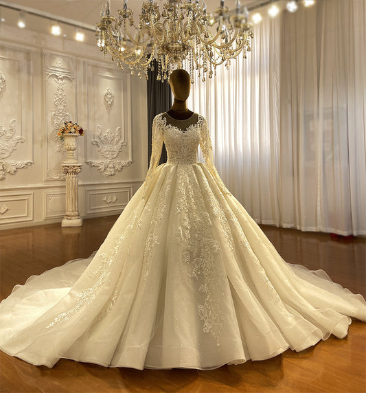 NS4461 Full Sleeve Lace Appliqued Customized Luxury Wedding Dress