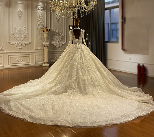 NS4519 Long sleeve high neck pearl beaded luxury ball gown wedding dress