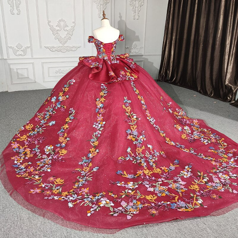 Red off the shoulder luxury quinceanera dress