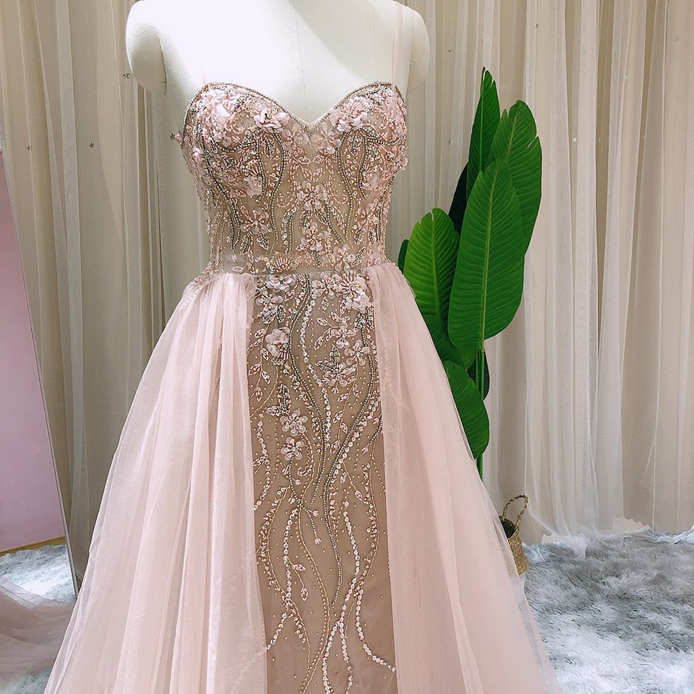 Blush Pink Dubai Evening Dresses with Overskirt Spaghetti Straps Sexy Long Luxury Wedding Party Prom Dress SS773