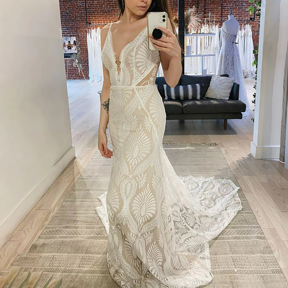 Beach Spaghetti Straps Lace Wedding Party Gowns Backless Custom Made Destination Deep V-Neck Rustic Long Mermaid boho Bridal Dress