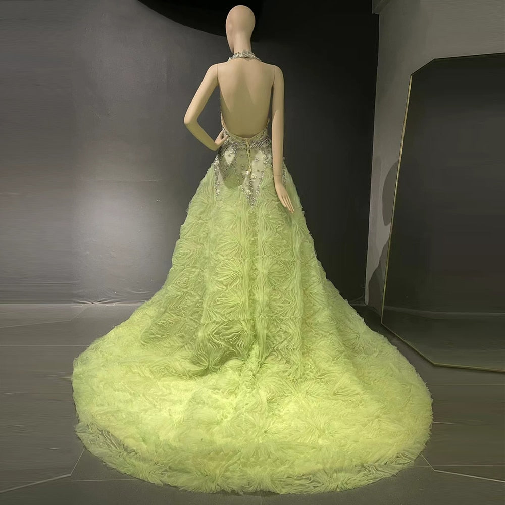 Luxury 3D Floral Crystal Dubai Evening Dress Wedding Party Elegant Halter Long Prom Graduation Gowns SS566
