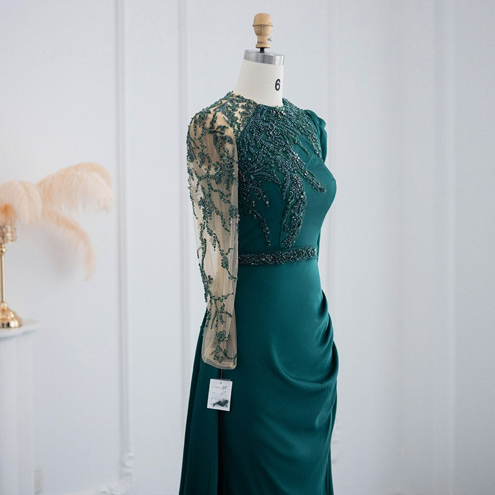 Elegant Emerald Green Long Sleeve Muslim Evening Dress Overskirt Formal Party Dresses for Women Wedding Guest SS412