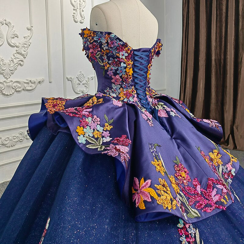 Navy blue ball gown flower applique off the shoulder quinceanera evening gala wedding dress