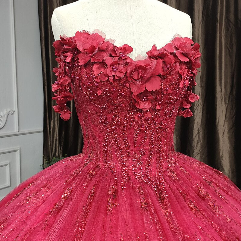 Luxury red 3D flower beading pearl beaded quinceanera dress vestido de fiesta