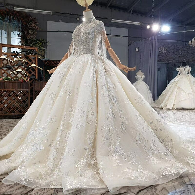 Graceful Beaded Tassels On Sleeves Pearls Crystal Custom Made designer Wedding Dress
