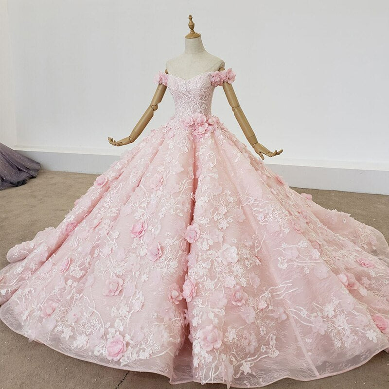 Pink flower applique luxury color wedding dress