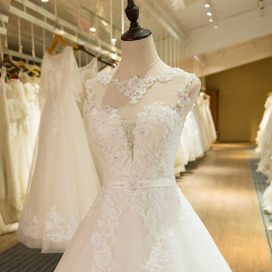 A-Line Sleeveless Tulle Lace Appliques Vintage Wedding Dress Boho Wedding Dress Aiso Bridal