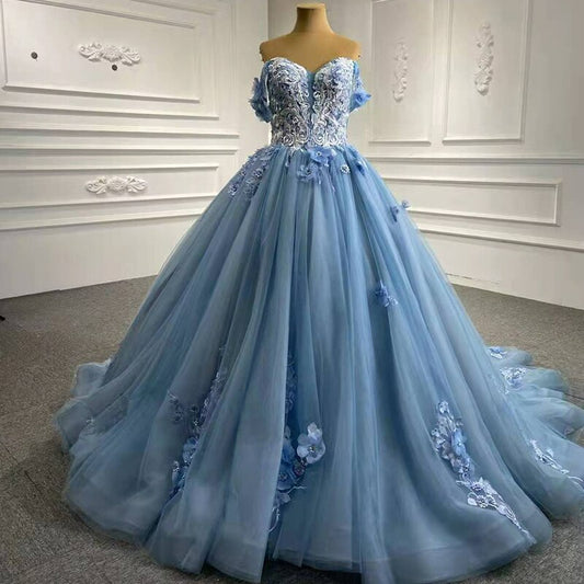 Royal Blue Dress Off Shoulder Flower Lace Applique Prom Quinceanera Dress