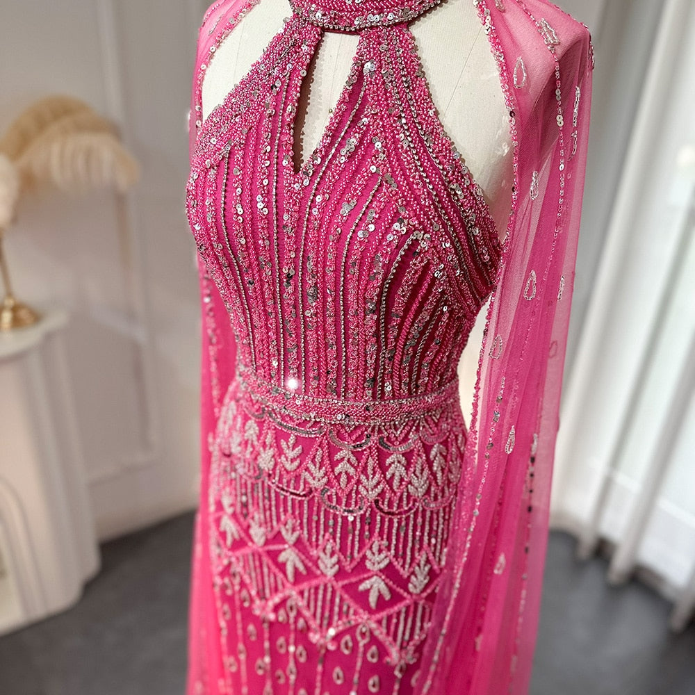 Luxury Dubai Mermaid Pink Evening Dresses with Cape Sleeves Arabic Women Wedding Guest Formal Party Gowns SS361