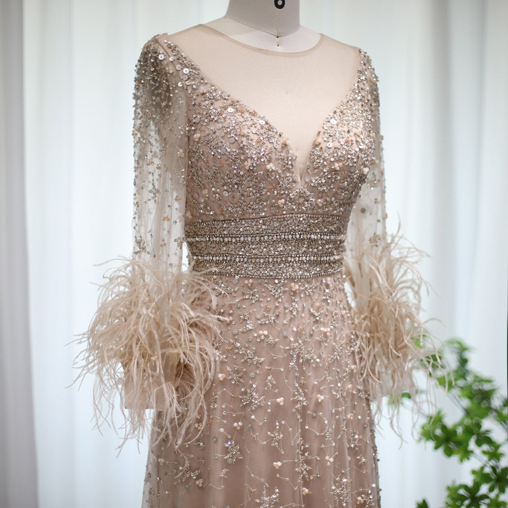 Elegant Champagne Feathers Long Sleeves Evening Dresses Luxury Dubai Beaded Muslim Women Wedding Formal Party Gowns SS101