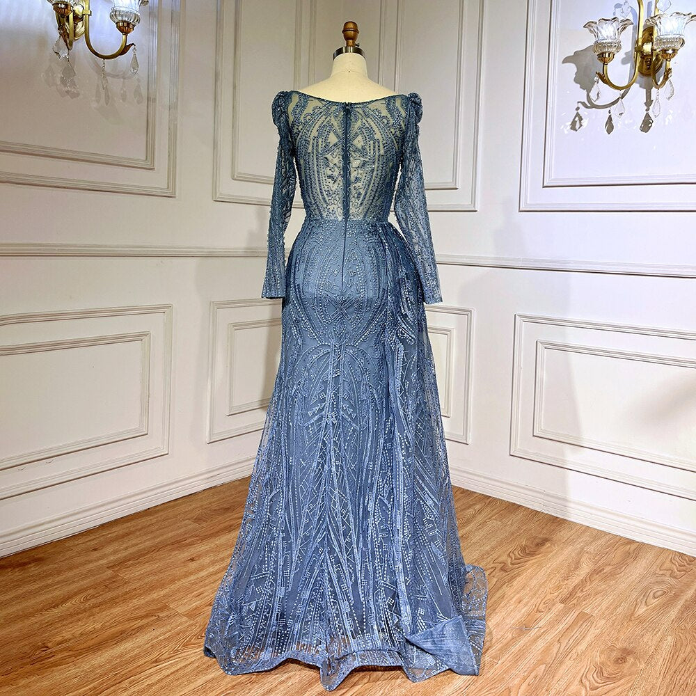 Blue Elegant Over Skirt Mermaid Sexy Lace Beaded Luxury Evening Dresses Gowns For Women Muslim Party LA71833
