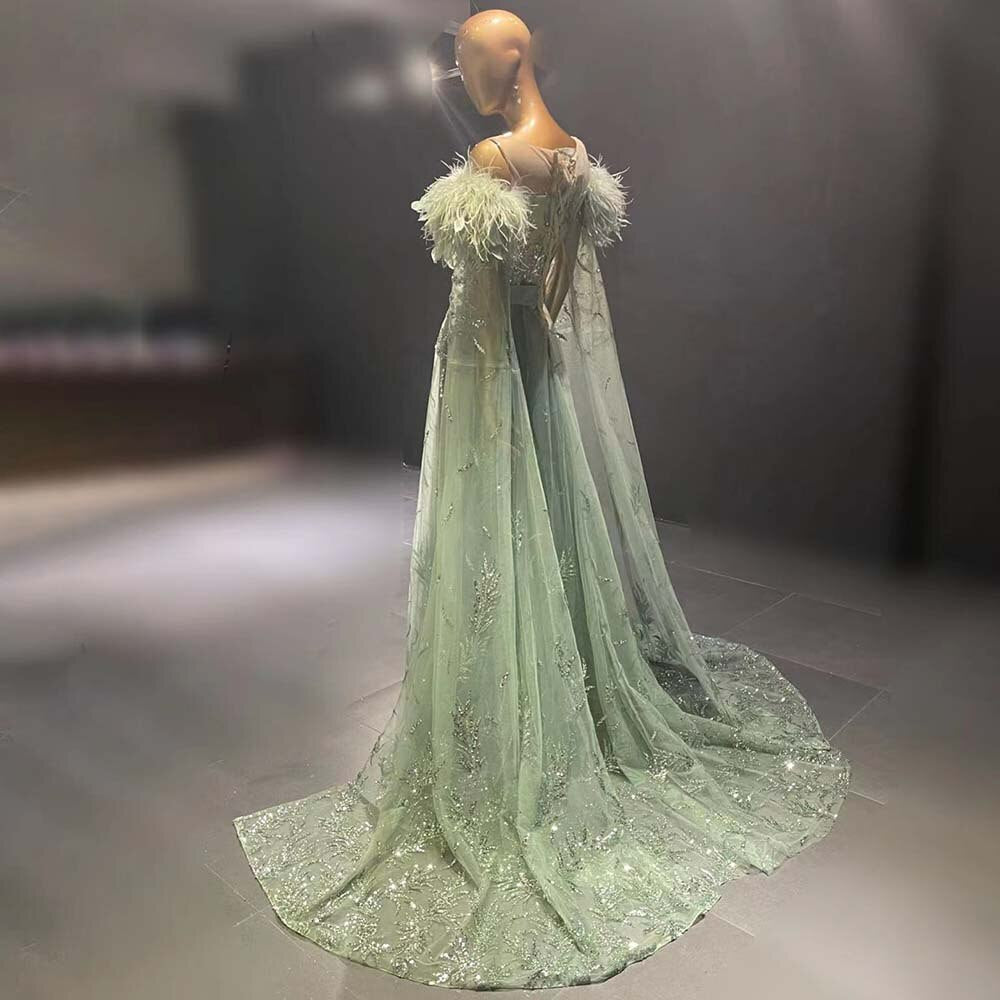 Luxury Mint Green Dubai Evening Dresses with Feather Cape Sleeve Arabic Formal Dress for Women Wedding Party SS553
