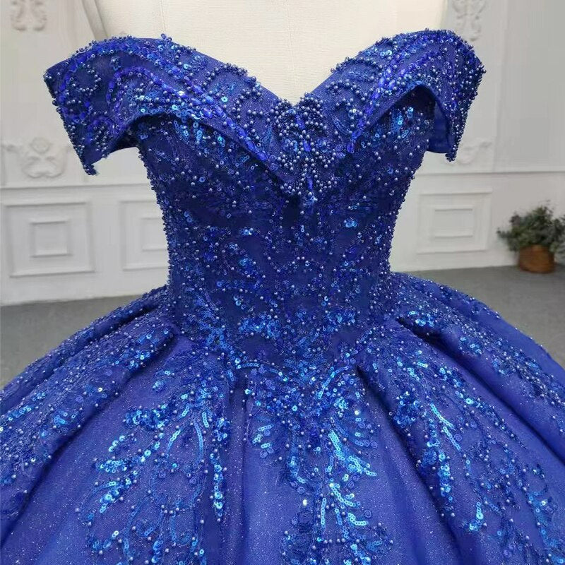 Blue flower embroidery shiny shimmery quinceanera vestido de quinceanera evening gala ball gown dress