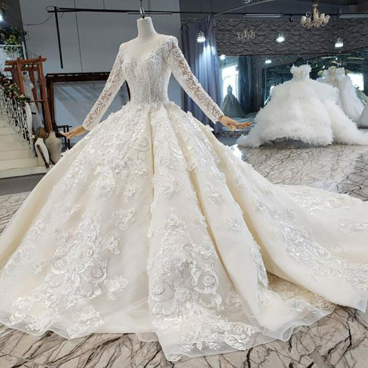 74232-1 Long Sleeve Pearl Lace Applique Haute Couture Ball Gown Wedding Dress Vestido de novia