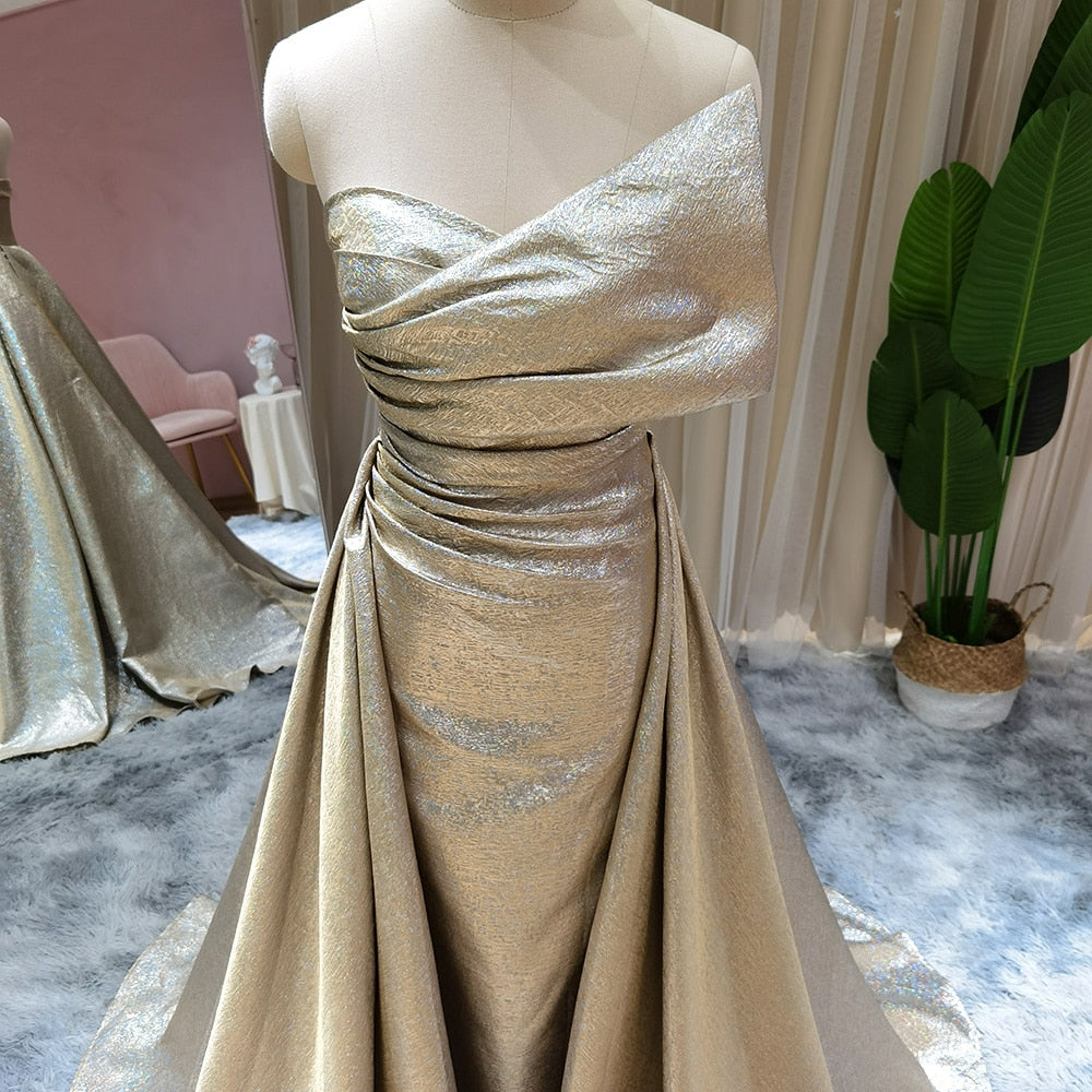 Dubai Gold Mermaid Evening Dress with Overskirt Luxury Long Prom Formal Dresses Black Girls Wedding Party Gowns SS297