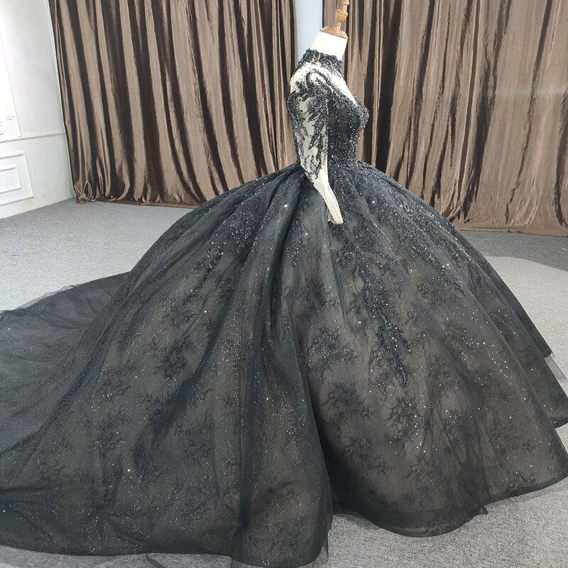 High Neck Heavy Beading Black Ball Gown Luxury Dress