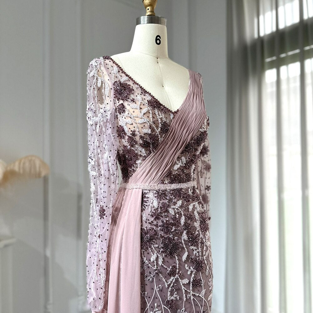 Luxury Dubai Pink Mermaid Evening Dresses with Overskirt Long Sleeves Elegant Plus Size Women Wedding Party SS139
