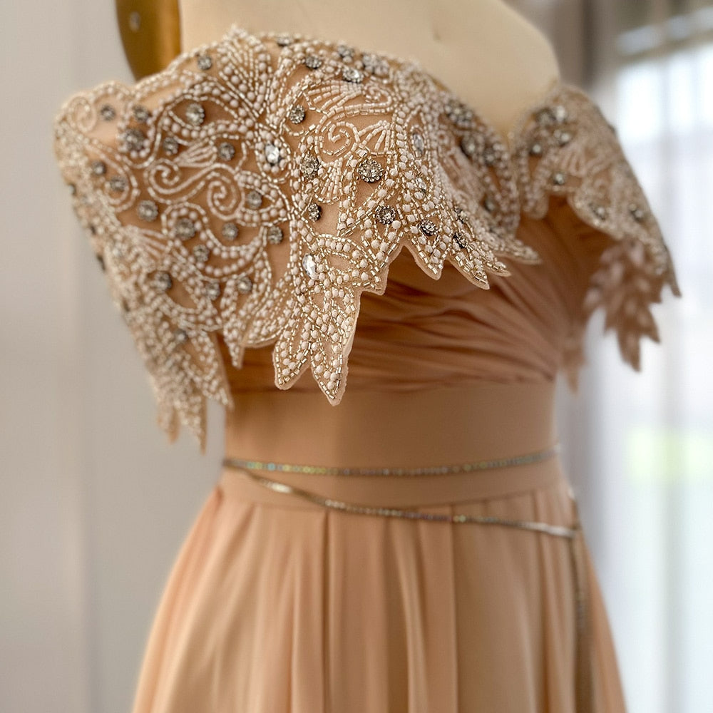 Luxury Crystal Champagne Dubai Evening Dress Wedding Guest Party Elegant Long Arabic Formal Dress SS302