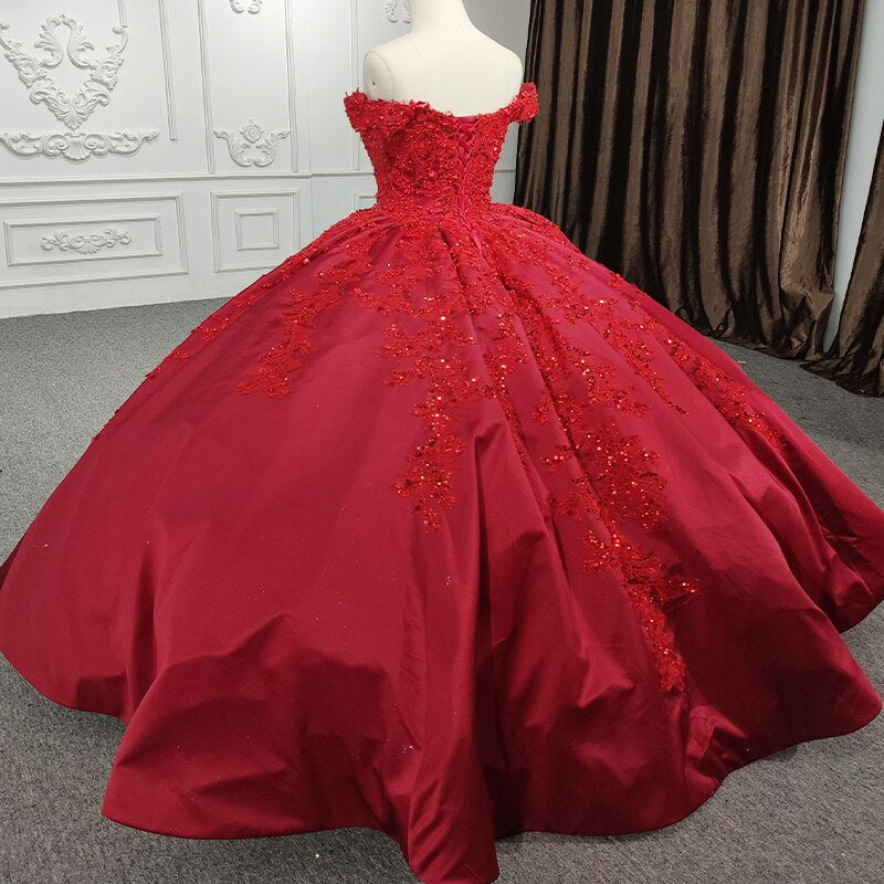 Long Ball gown Red wedding evening quinceanera shiny sequined dress