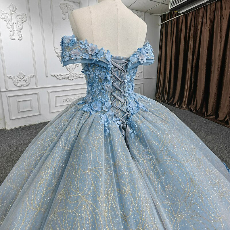 3D flower applique shiny lace blue ball gown evening gala quinceanera dress