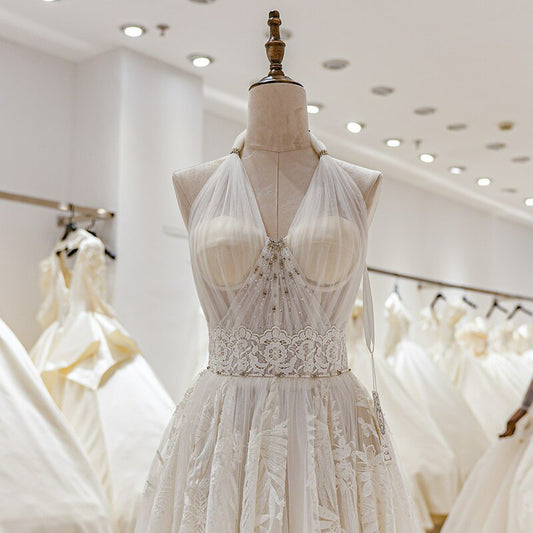 Boho Lace Wedding Dress For Women Sleeveless Halter Sweep Train Bridal Gown Vestido De Novia Bride Party Customized