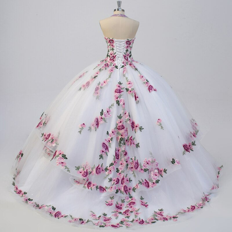 White flower beading embroidery tiered quinceanera dress