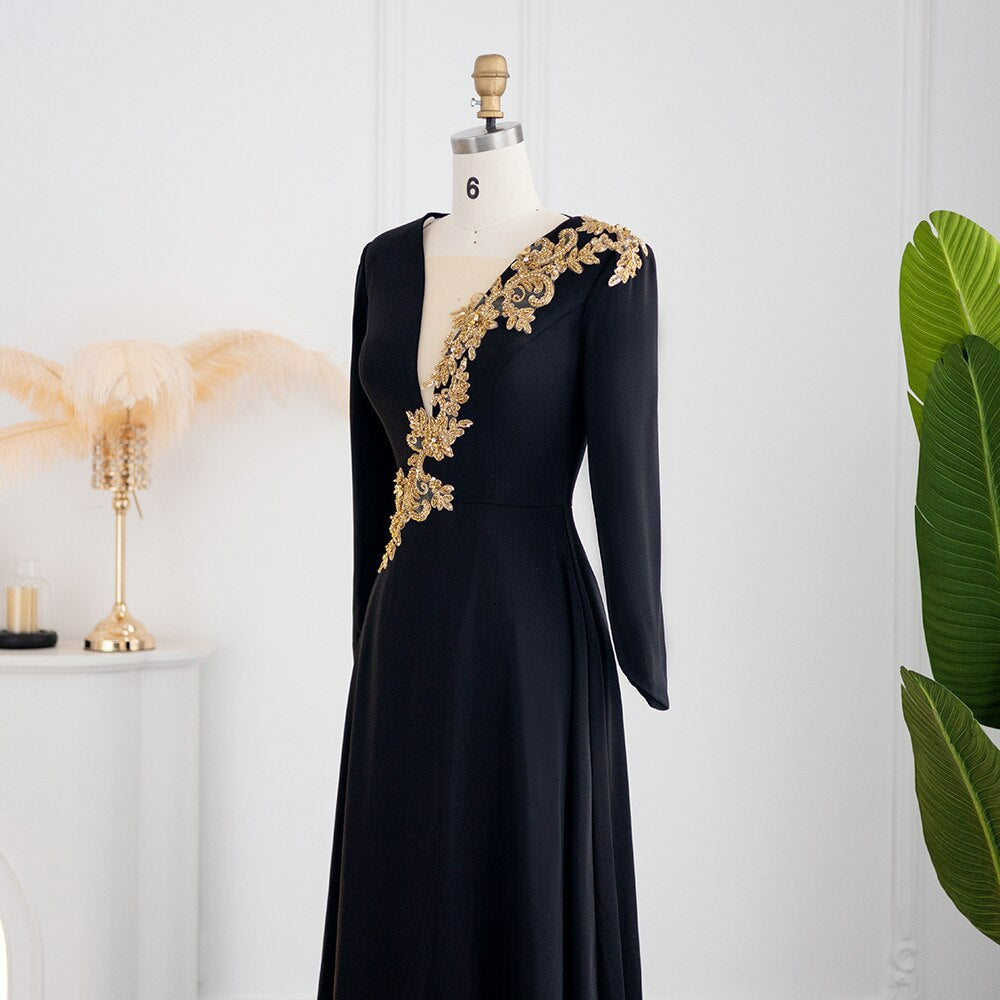 Elegant V-Neck Black Evening Dress Luxury Dubai Gold Beaded Arabic Women Long Formal Party Gowns SS239