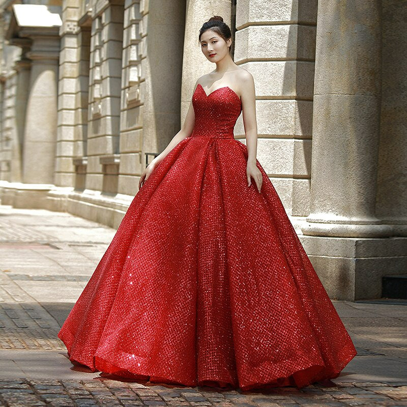 red sexy strapless floor length evening dress for princess ball gown