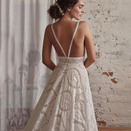 A line boho spaghetti strap lace wedding dress with long sleeve bolero cheap affordable wedding dress