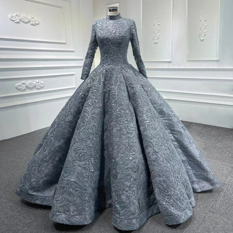 Long sleeve flower embriodery ball gown luxury gala evening mother of bride dress