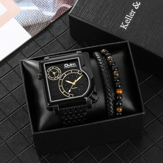 Luxury Black Watches for Men Fashion Square Dual Time Zone Big Dial Quartz Wristwatch Bracelet Gift for Boyfriend Reloj Hombre