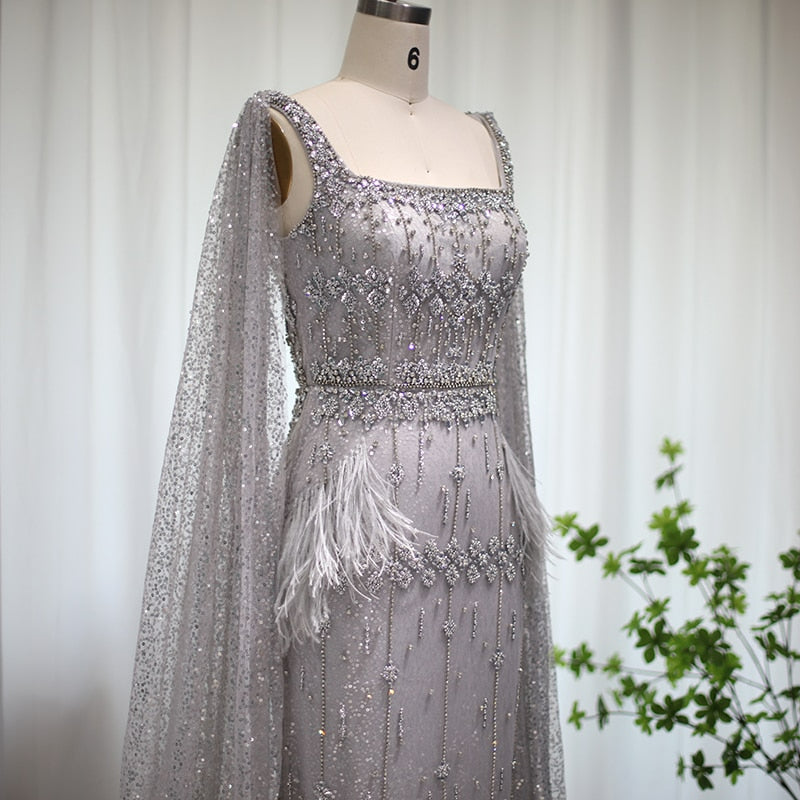 Bling Gray Mermaid Arabic Evening Dress with Cape Luxury Feather Dubai Formal Dresses for Women Wedding Party SS279