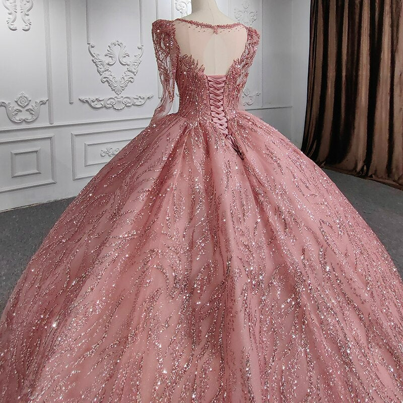 Classic  o-neck long sleeve illusion peach shiny shimmery ball gown evening gala quinceanera wedding dress