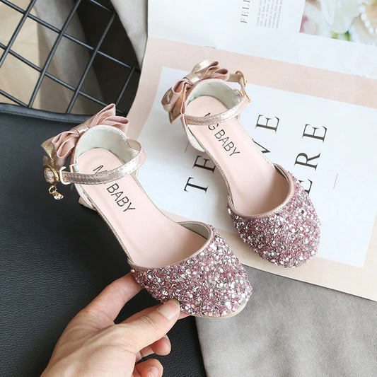 Baby Girl Shoes Princess Fashion Sequins Low Heel flower girl Summer Girls Sandals Cute Bowknot Kids Girls Party Shoes size 26-35 SMG077
