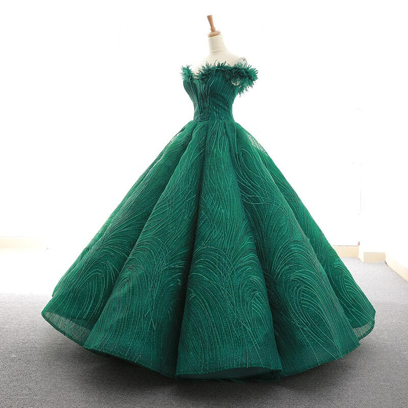 red green and champagne floor length pleat luxury evening dress with feather shoulder