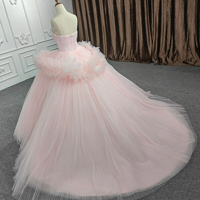 Tulle pink sweetheart neckline pleated luxury lace evening prom quinceanera wedding dress