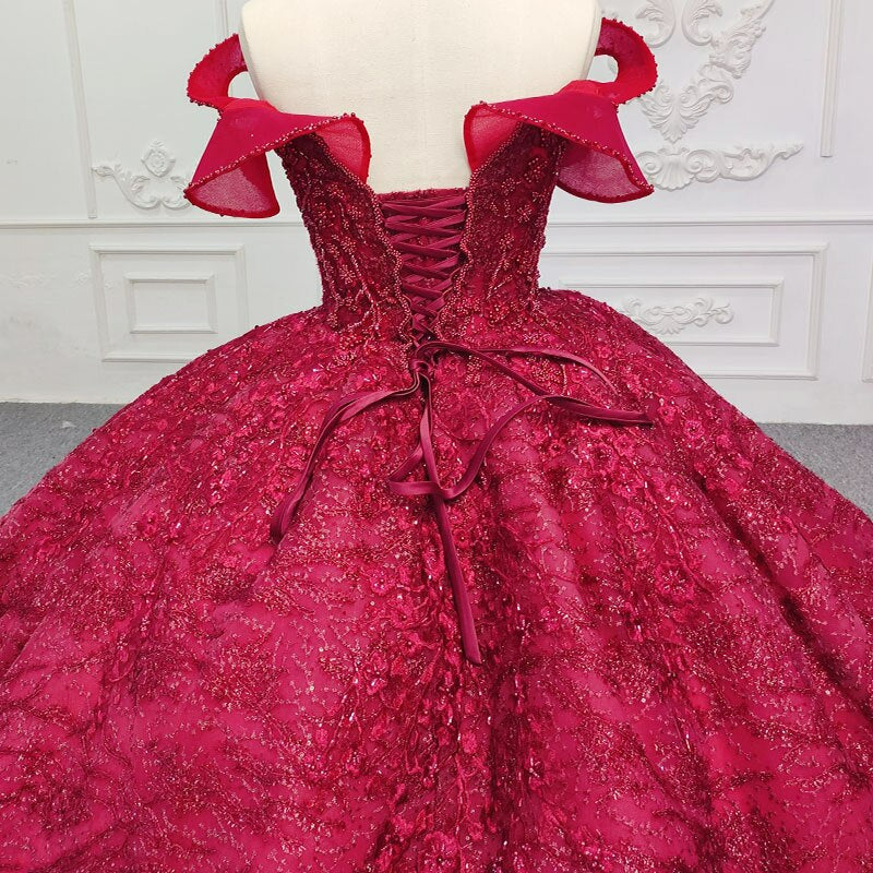 Red off the shoulder flower applique sequin luxury ball gown gala evening wedding  dress
