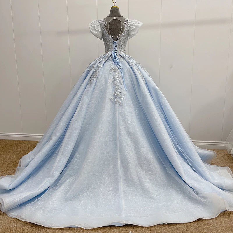 Stylish blue pink princess long train prom dress